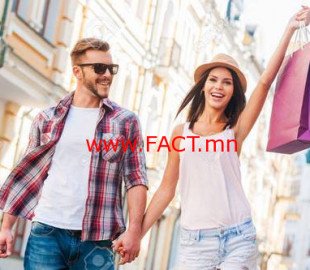 We love shopping together! Beautiful young loving couple walking by the street while beautiful woman carrying shopping bags and smiling